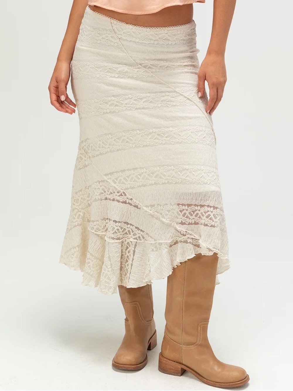 WEST OF MELROSE Lace Cream Asymmetrical Womens Midi Skirt XS - Picture 2 of 8